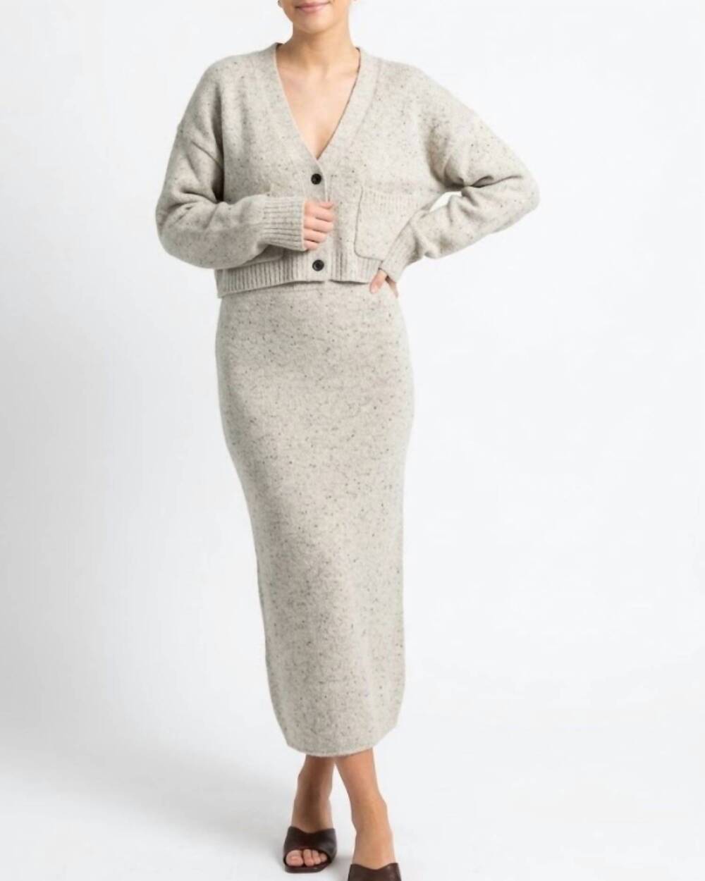 NEW MABEL comfy cozy relaxed cardigan and skirt set in taupe
